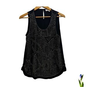 Olive & Oak Black Tank Top with Geometric Design and rhinestones beads